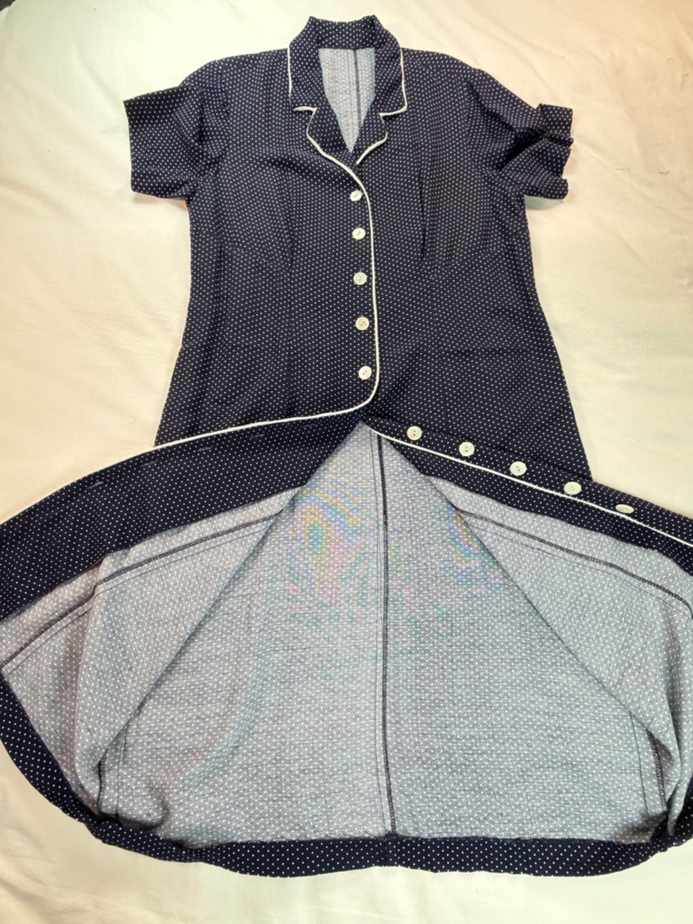 Vintage 1950’s Navy Polka Dot Button-Front Shirtwaist Midi Length Dress Medium - Picture 7 of 7